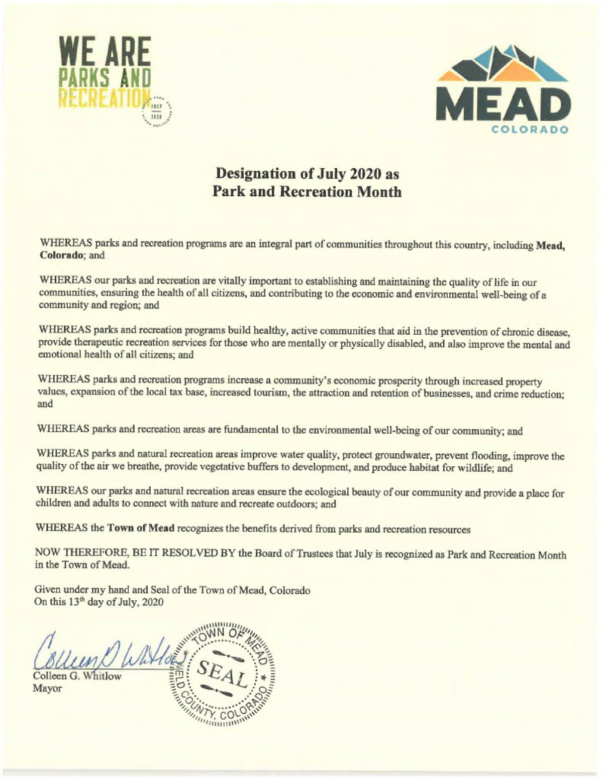Proclamation Park and Rec Month